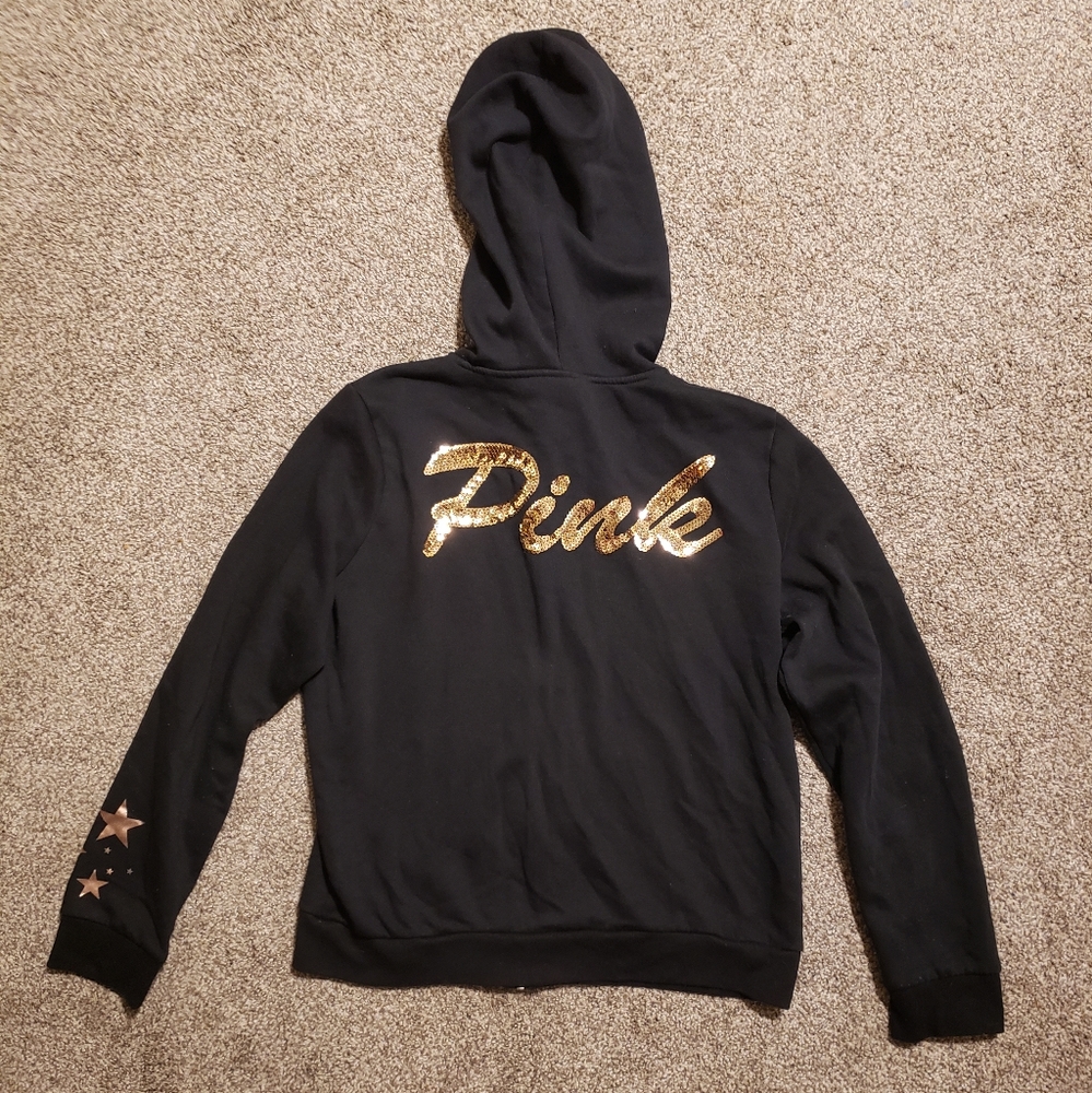 Victoria's Secret PINK black & gold bling sequin embellished hoodie size large